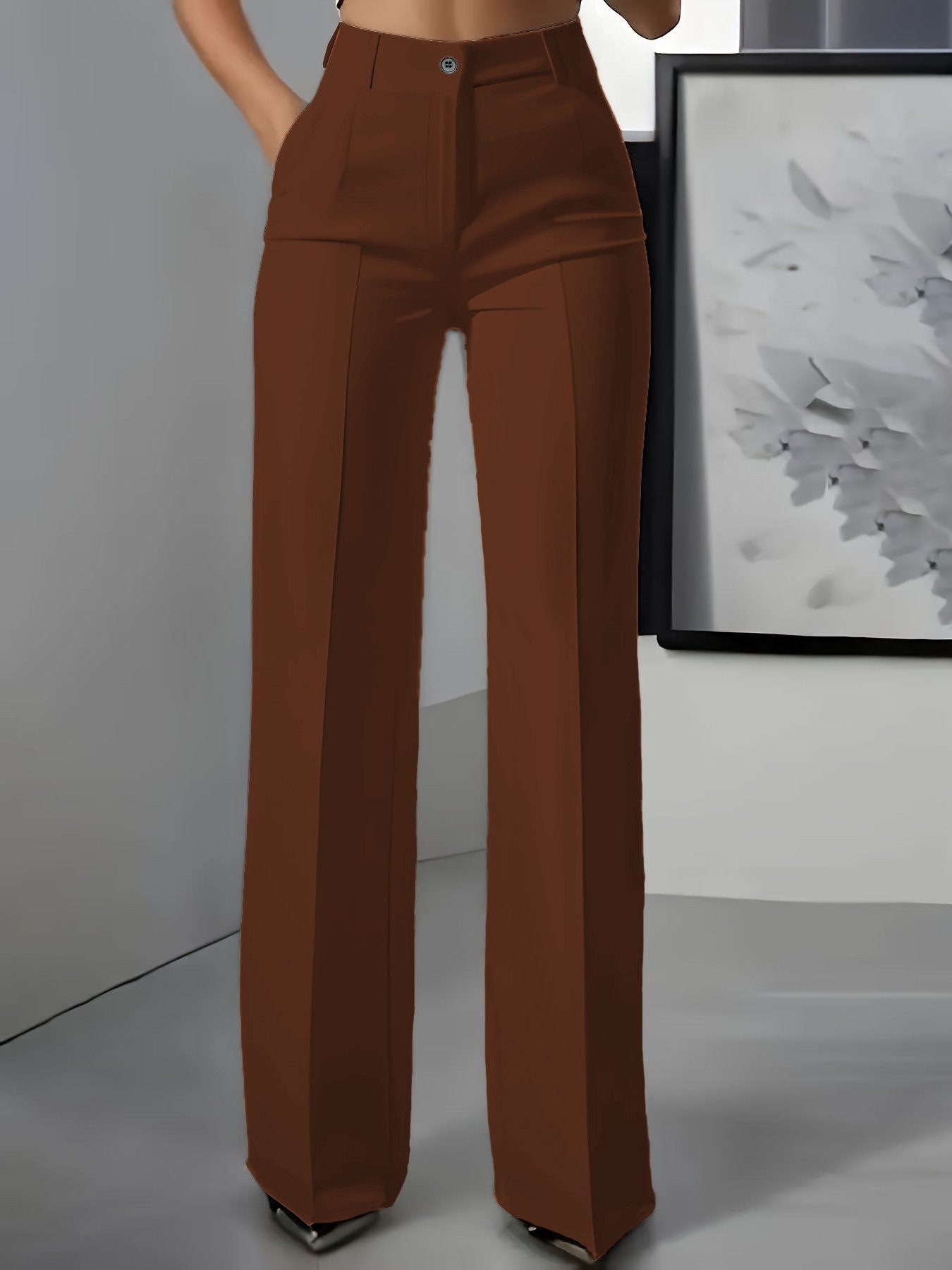 Wijde Pijp Pantalon met Hoge Taille voor Dames - Bruin