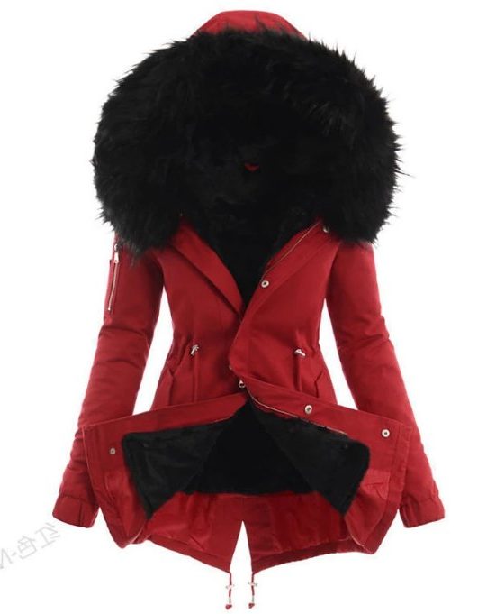 Winterparka met Bontkraag en Gevoerde Taille voor Dames - Rood