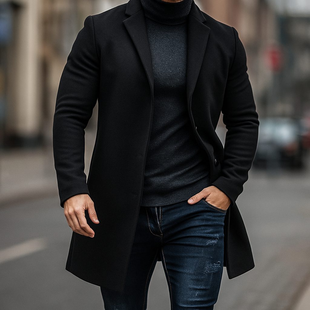 Wollen Trenchcoat met Lange Mouwen voor Heren - Zwart