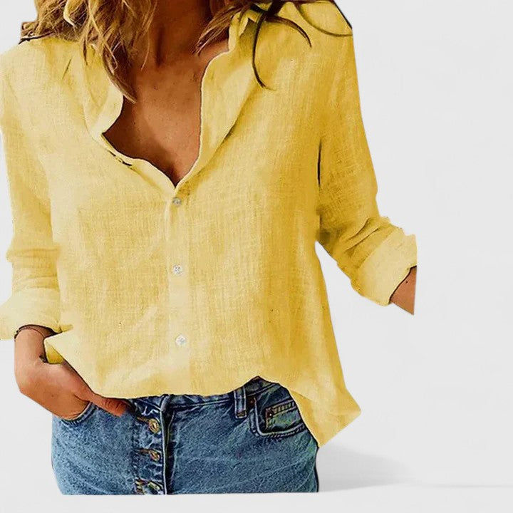 Linnen V-Hals Blouse met Knoopsluiting voor Dames